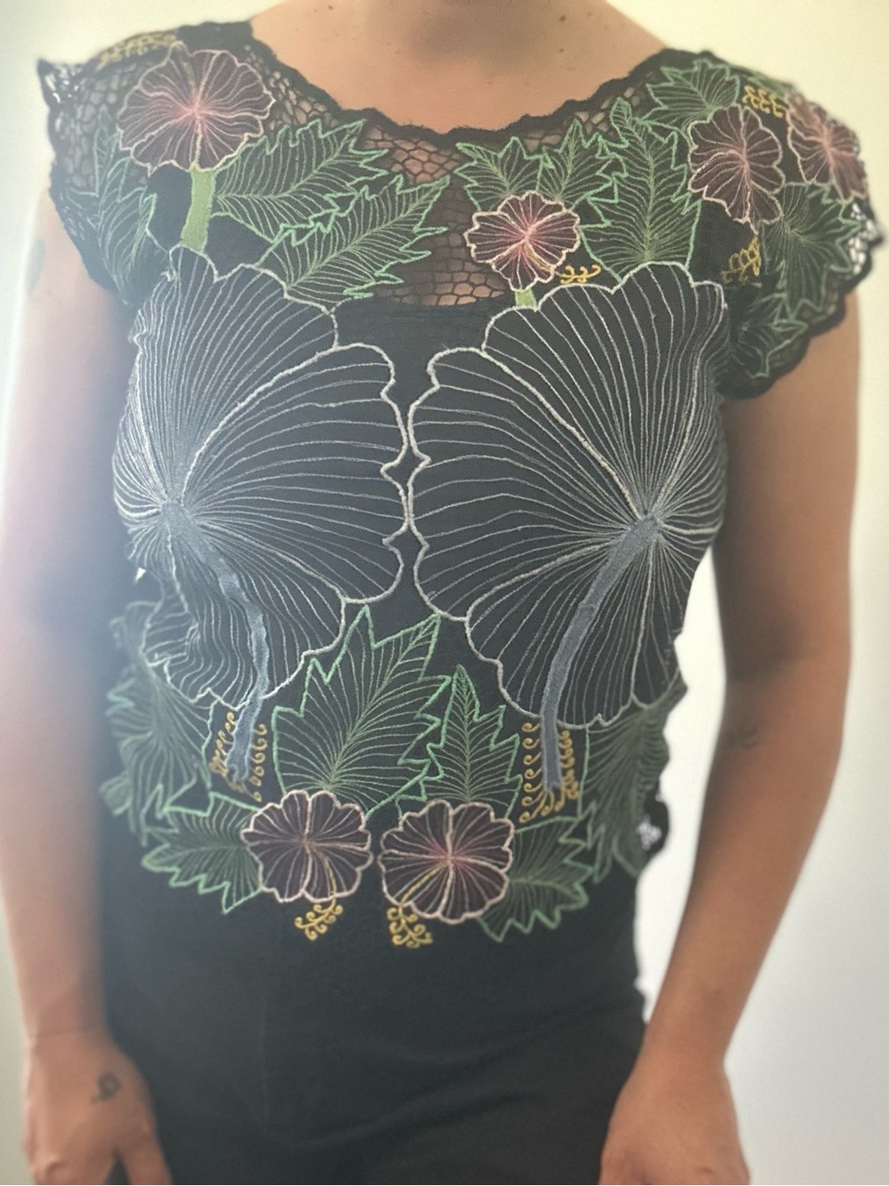 Black Floral Embroidered Lace Capped Sleeve Top - Picture 16 of 16